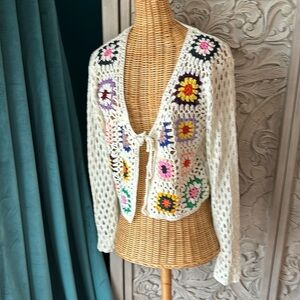 Grant square crochet knit open cardigan size L